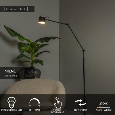 Lucide MILNE - Stehlampe - LED Dim. - 1x8W 2700K - Schwarz